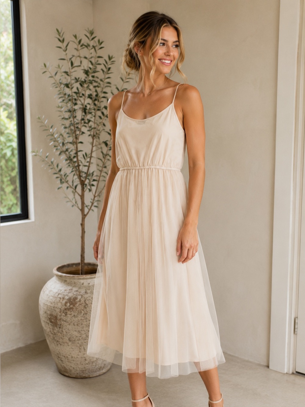 Molly Bracken Premium Tulle Midi Dress | Champagne Blush | Size Small